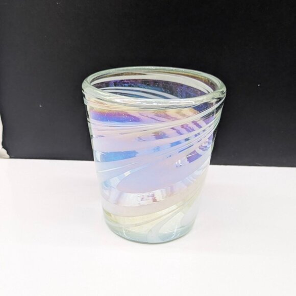 Iridescent White Swirl Lowball Tumbler Glass 4" tall Elegant Barware Drinkware - Picture 1 of 8